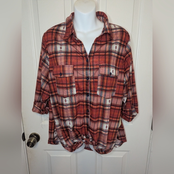 paper tee Tops - Paper + Tee Red/BlacK Plaid Flannel Shirt Tie Front 3/4 Roll-Tab Sleeve, Size 2X